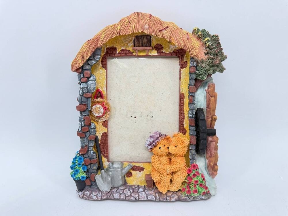 Resin Teddy Bear Couple Cottage Garden Floral Photo Frame Tabletop Decor
